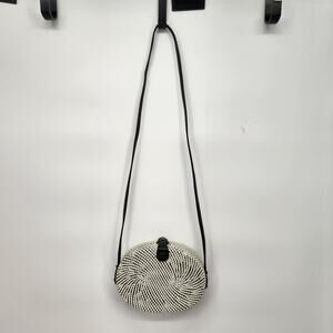 Boho Black & White Oval Woven Rattan Crossbody Hard-shell Women's Purse Small